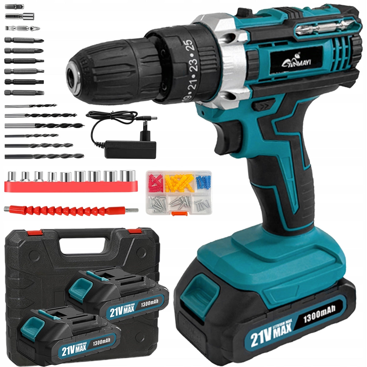 POWERFUL HAMMER CORDLESS DRILL 21V 2X AKU CASE SET