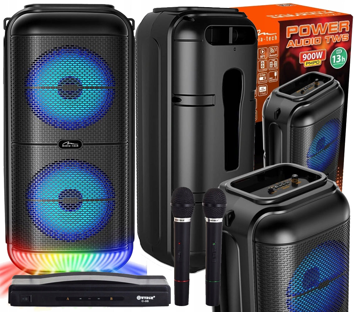POWERFUL SPEAKER PORTABLE SPEAKER 900W BLUETOOTH + 2 WIRELESS MICROPHONES