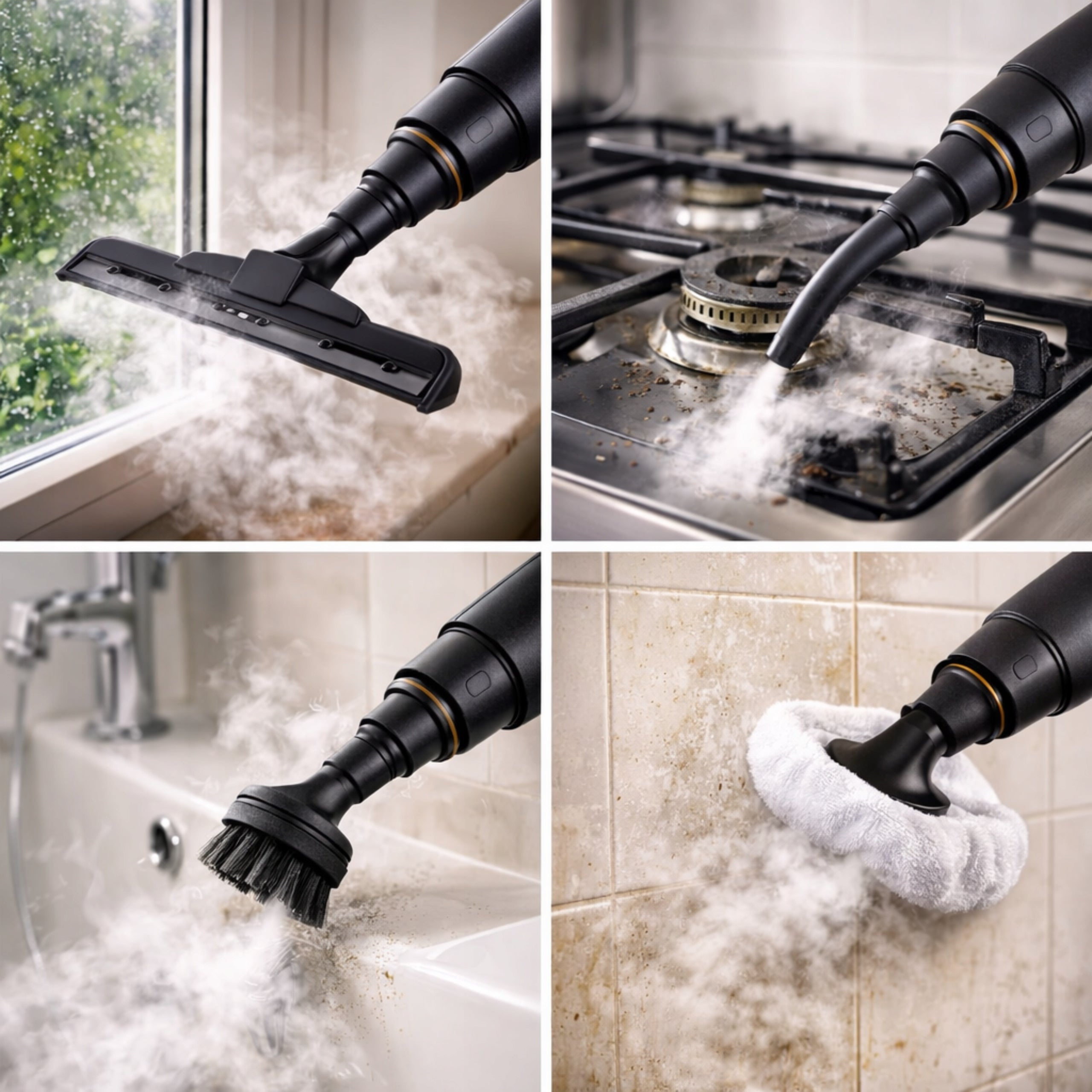 POWERFUL STEAM CLEANER MOP WITH ACCESSORIES FOR WASHING AND CLEANING GROUT Dominant color white