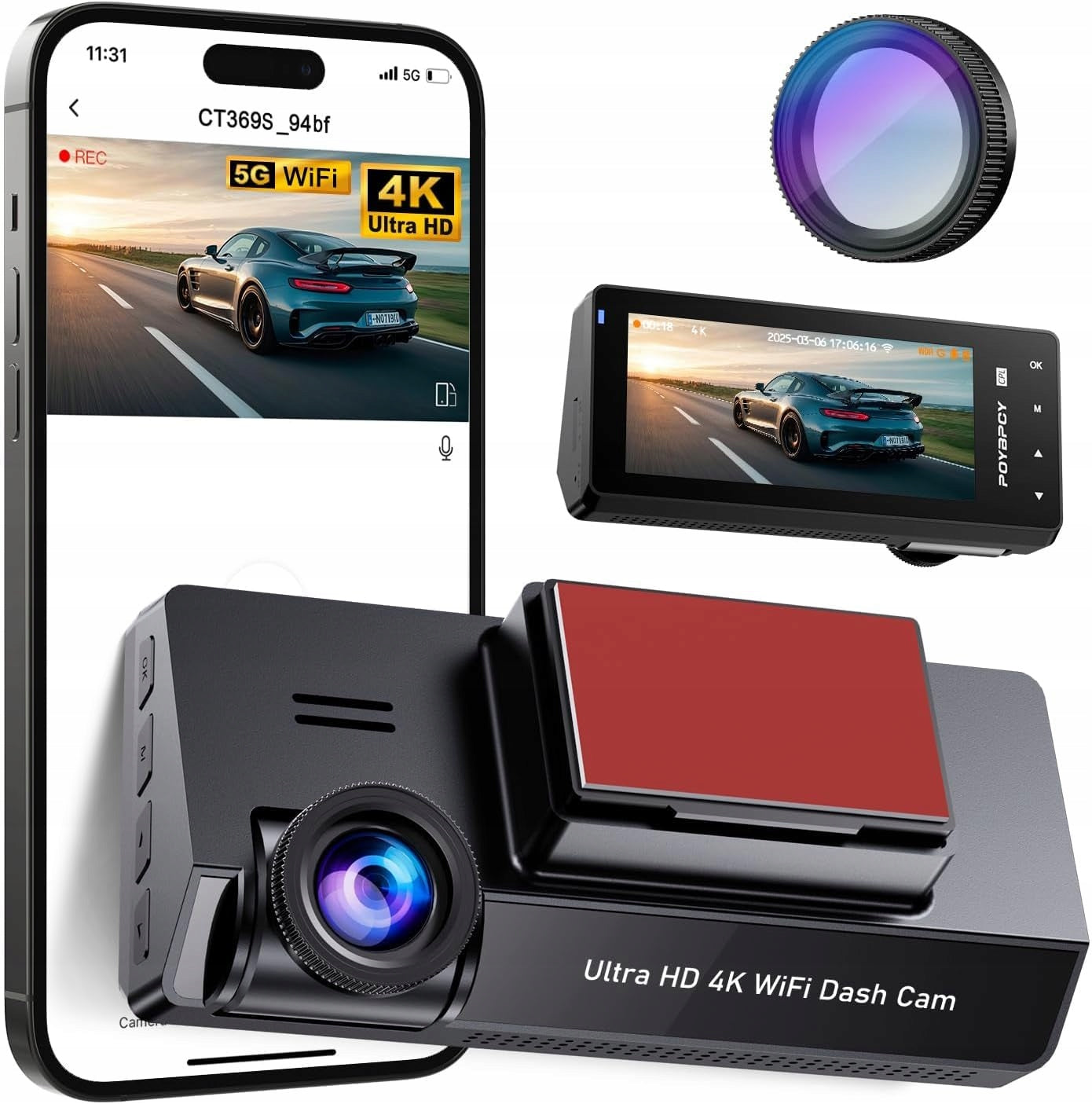 POYBPCY Car camera front 4K,WiFi,IPS3.69" CT369 screen