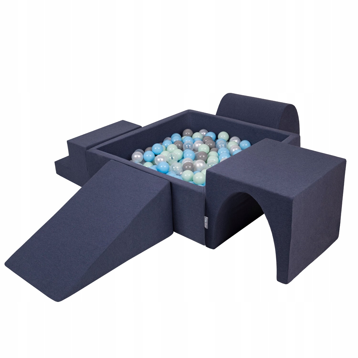 Kiddymoon Schaumstoff-Kinderspielplatz mit quadratischem Bällebad (200 Bälle), Version 3, Dunkelblau: Perlmutt/Grau/Klar/Hellblau/Mint 