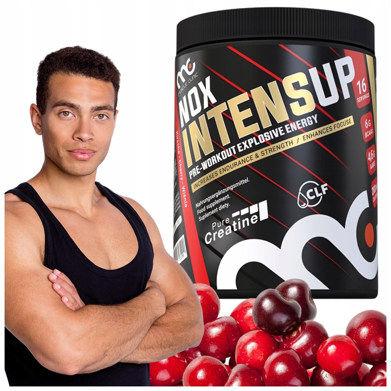PRE-WORKOUT CAFFEINE BCAA AAKG MUSCLE CLINIC NOXINTENSUP 640G CHERRY