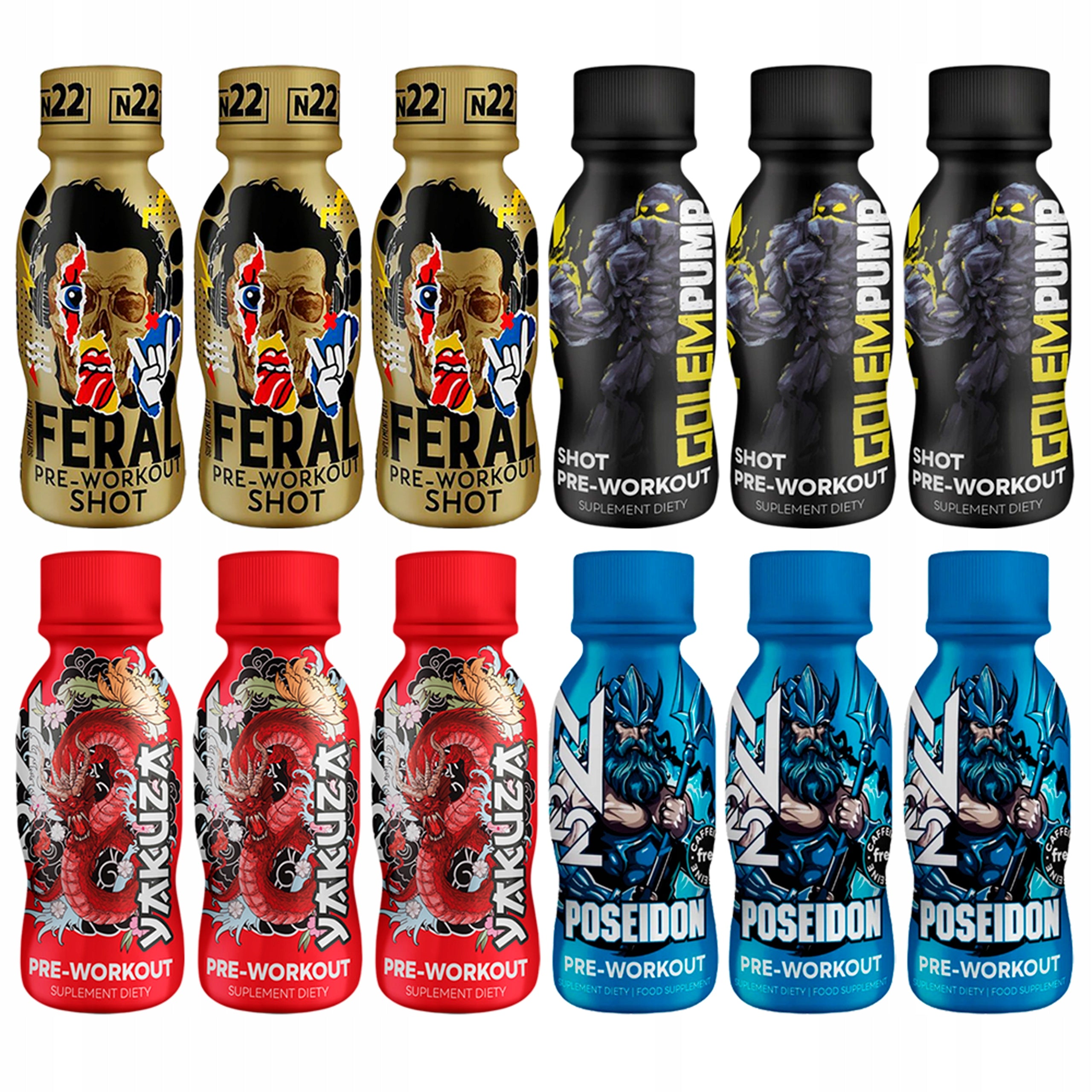 PRE-WORKOUT SHOT MIX OF FLAVORS 12x100ml GOLEM PUMP POSEIDON YAKUZA FERAL