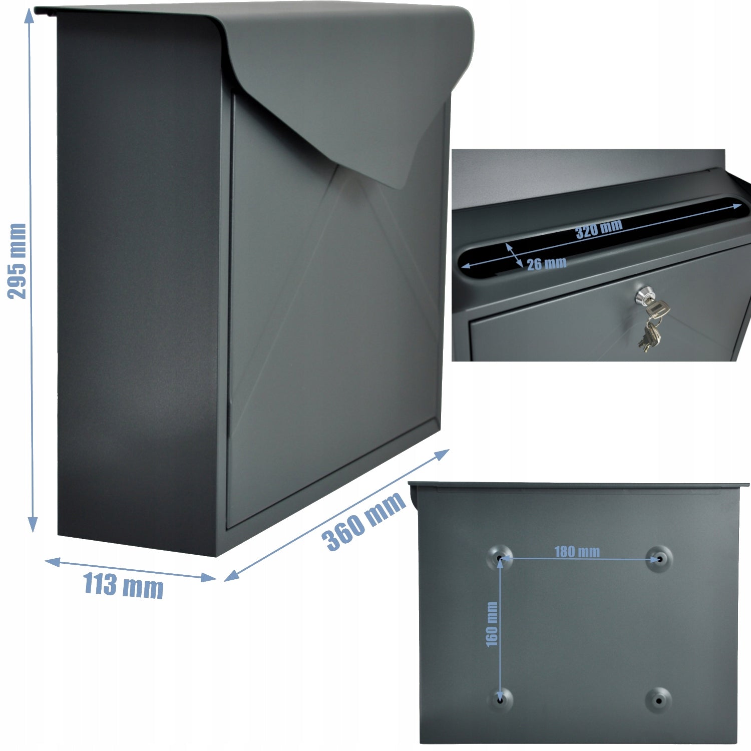 PREMIUM ANTHRACITE MATTE LETTER BOX LARGE C4 + 3 KEYS, SCREWS Product height 29.5 cm