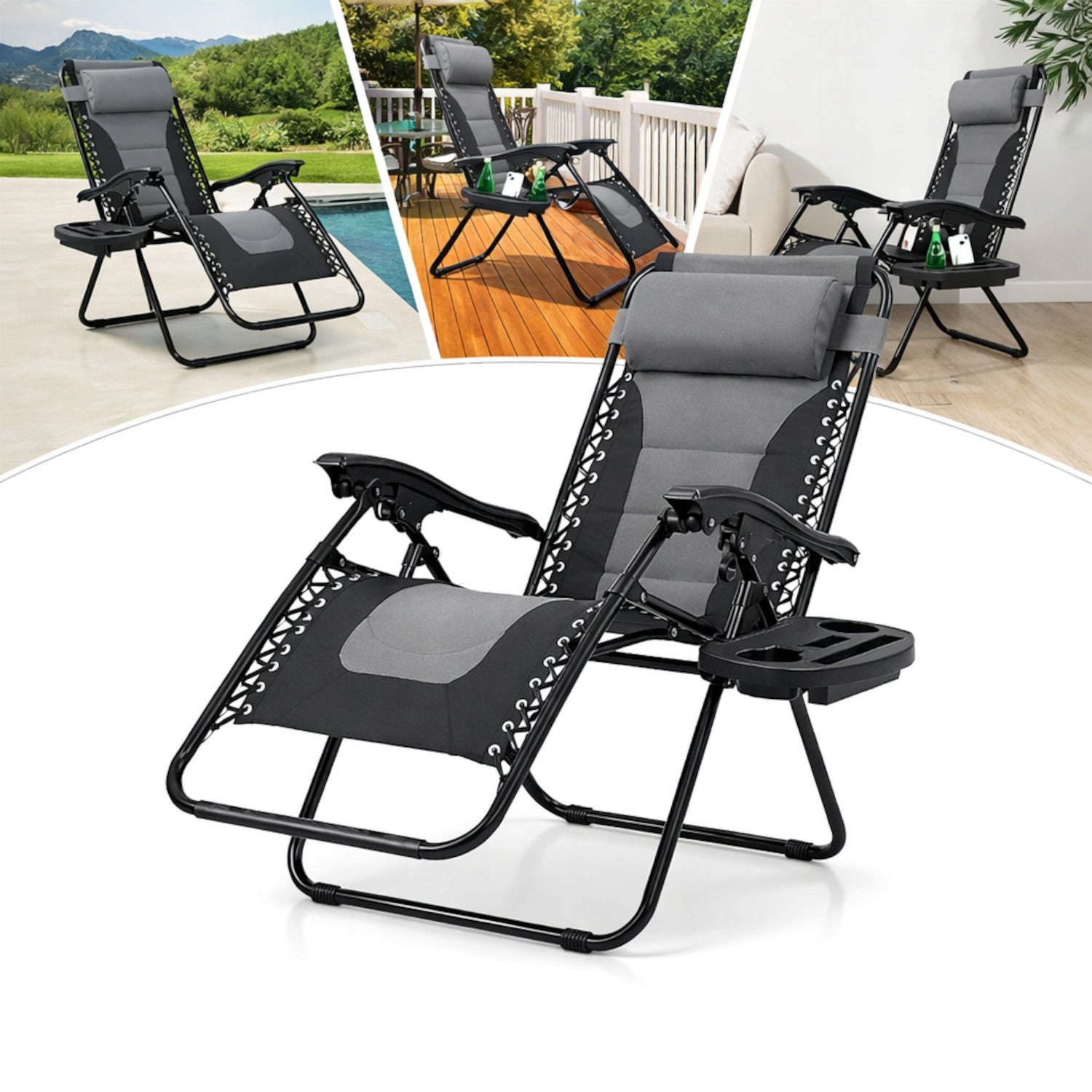 PREMIUM Folding GARDEN LOUNGER WITH FILLING AND BEACH CUSHION + TABLE Color gray
