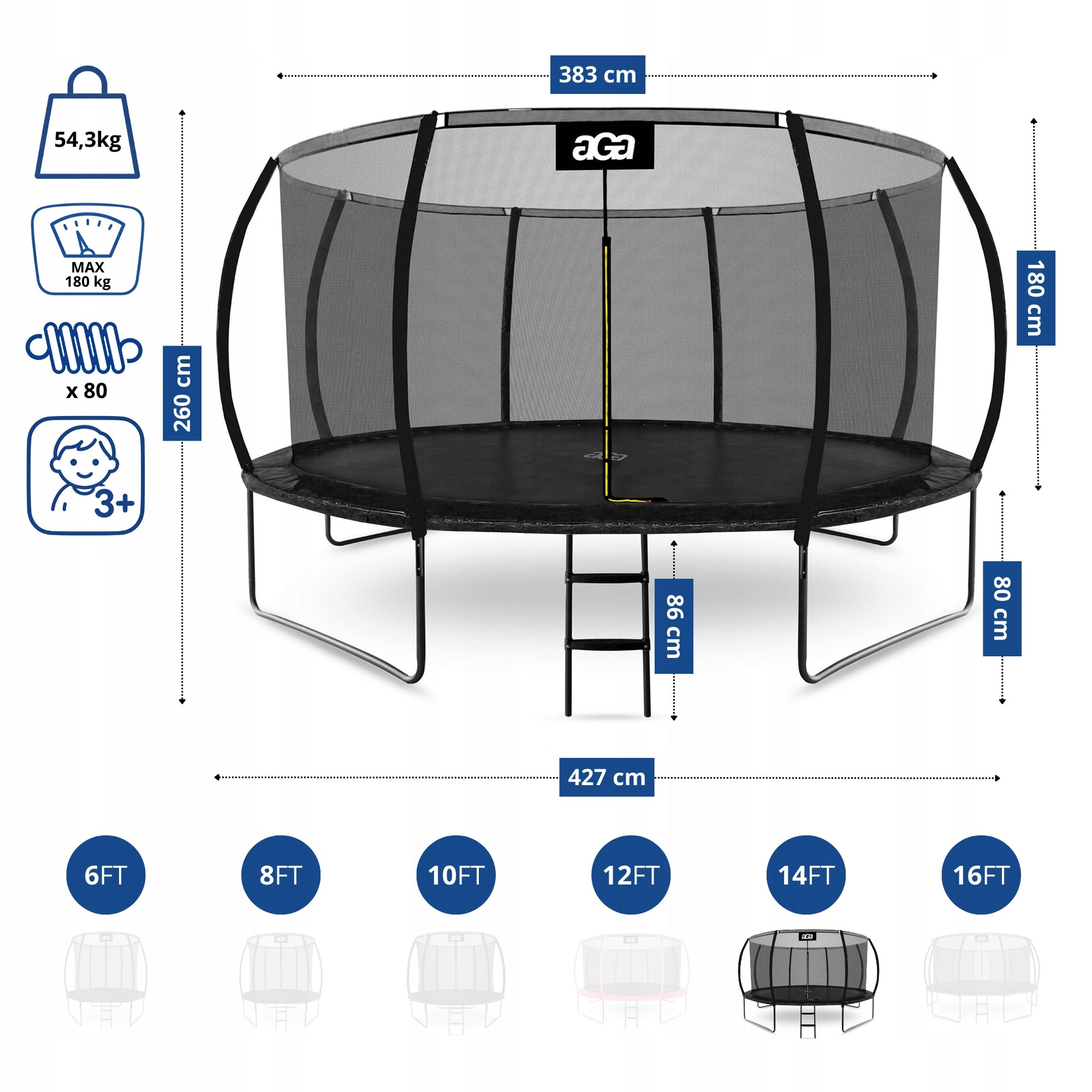 PREMIUM Trampoline EXCLUSIVE 430 cm 14 ft Aga Black MAX Safety HIT Kid's age 8＋ years