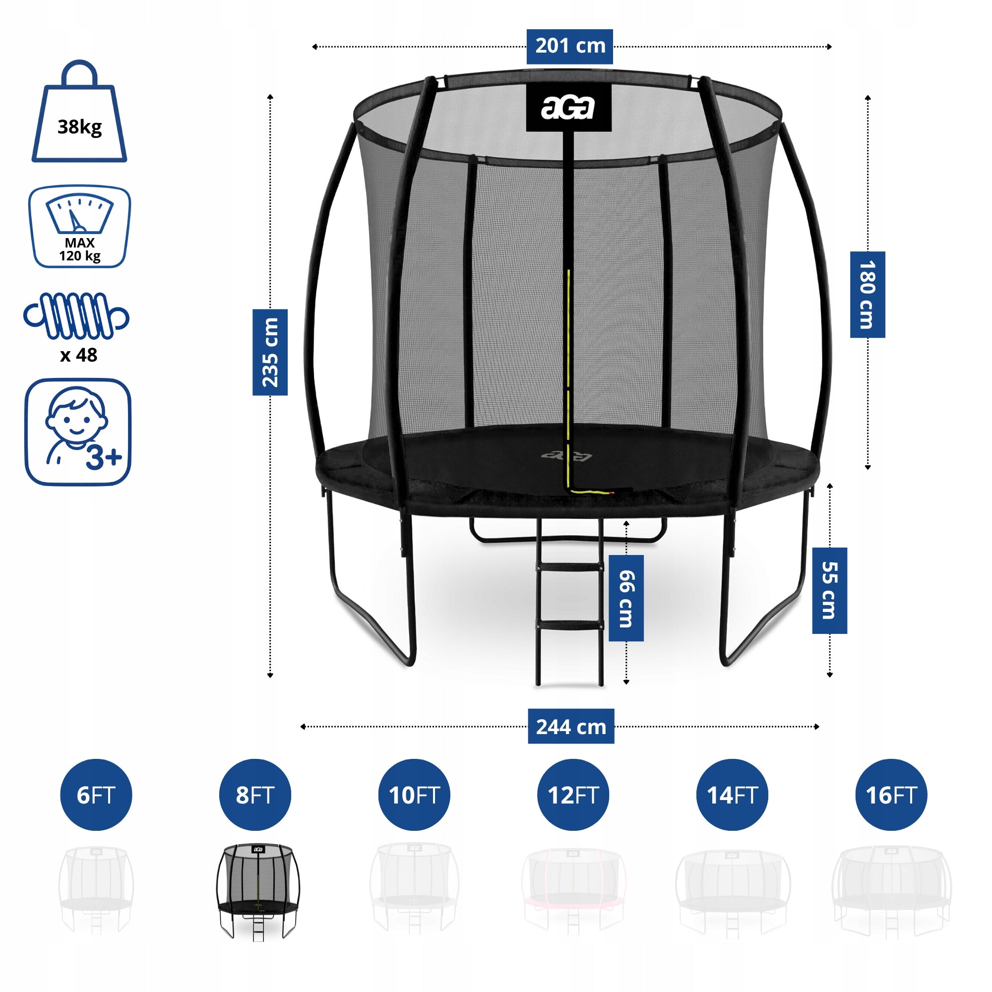 PREMIUM Trampoline SPORT EXCLUSIVE 250 cm 8 ft. Aga Black STRONG Safe Net height 180 cm