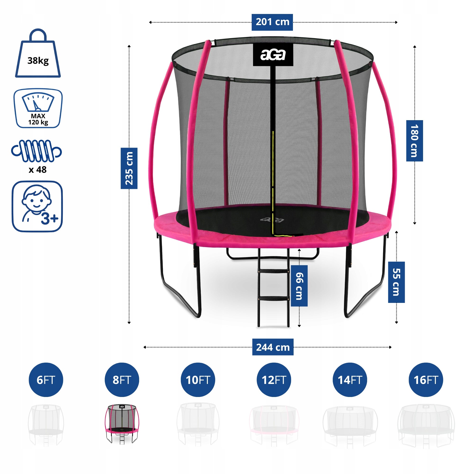 PREMIUM Trampoline SPORT EXCLUSIVE 250 cm 8 ft Aga Pink STRONG Safe Net height 180 cm
