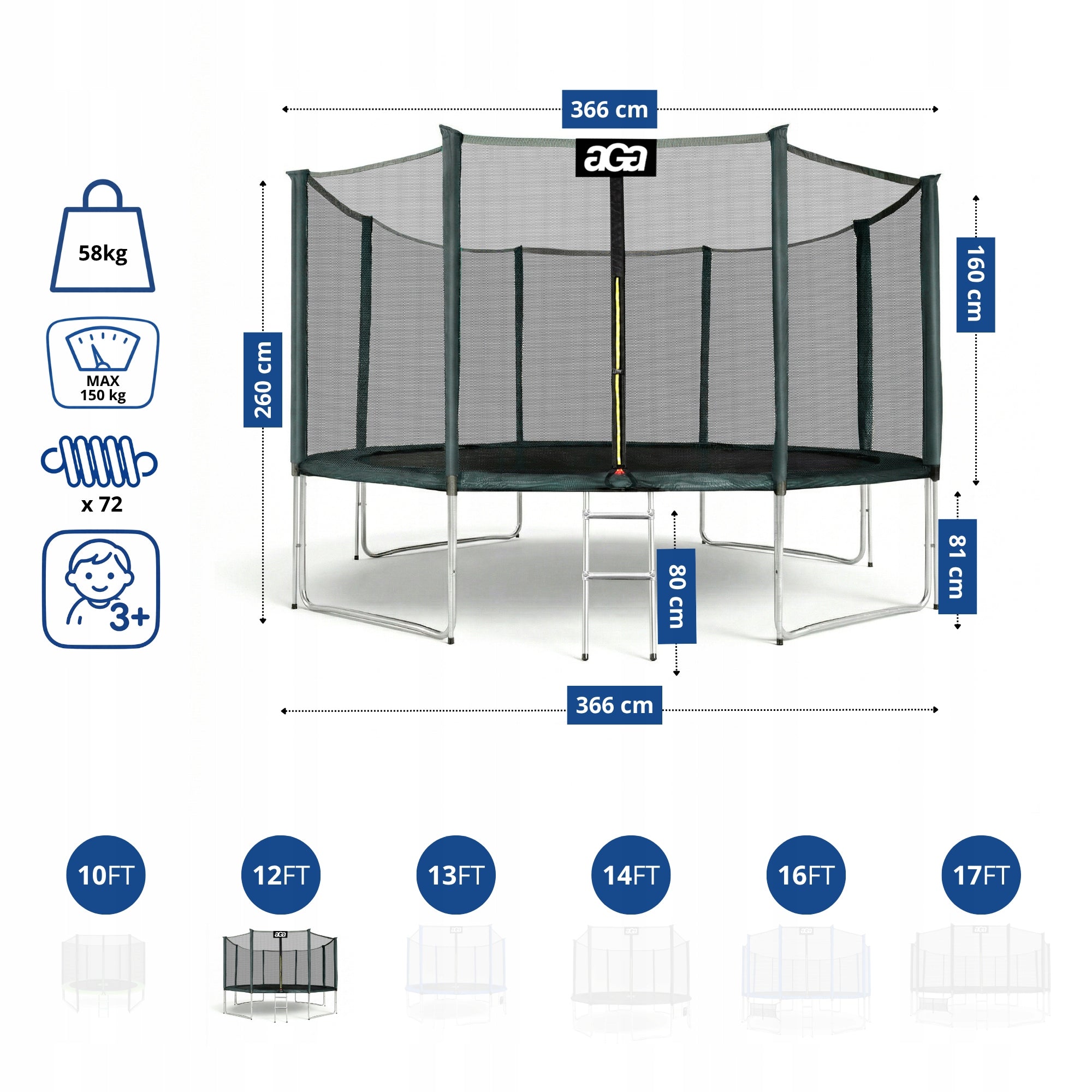 PREMIUM Trampoline SPORT PRO 366 cm 12 ft Aga Green DG MAX Safety Net height 165 cm
