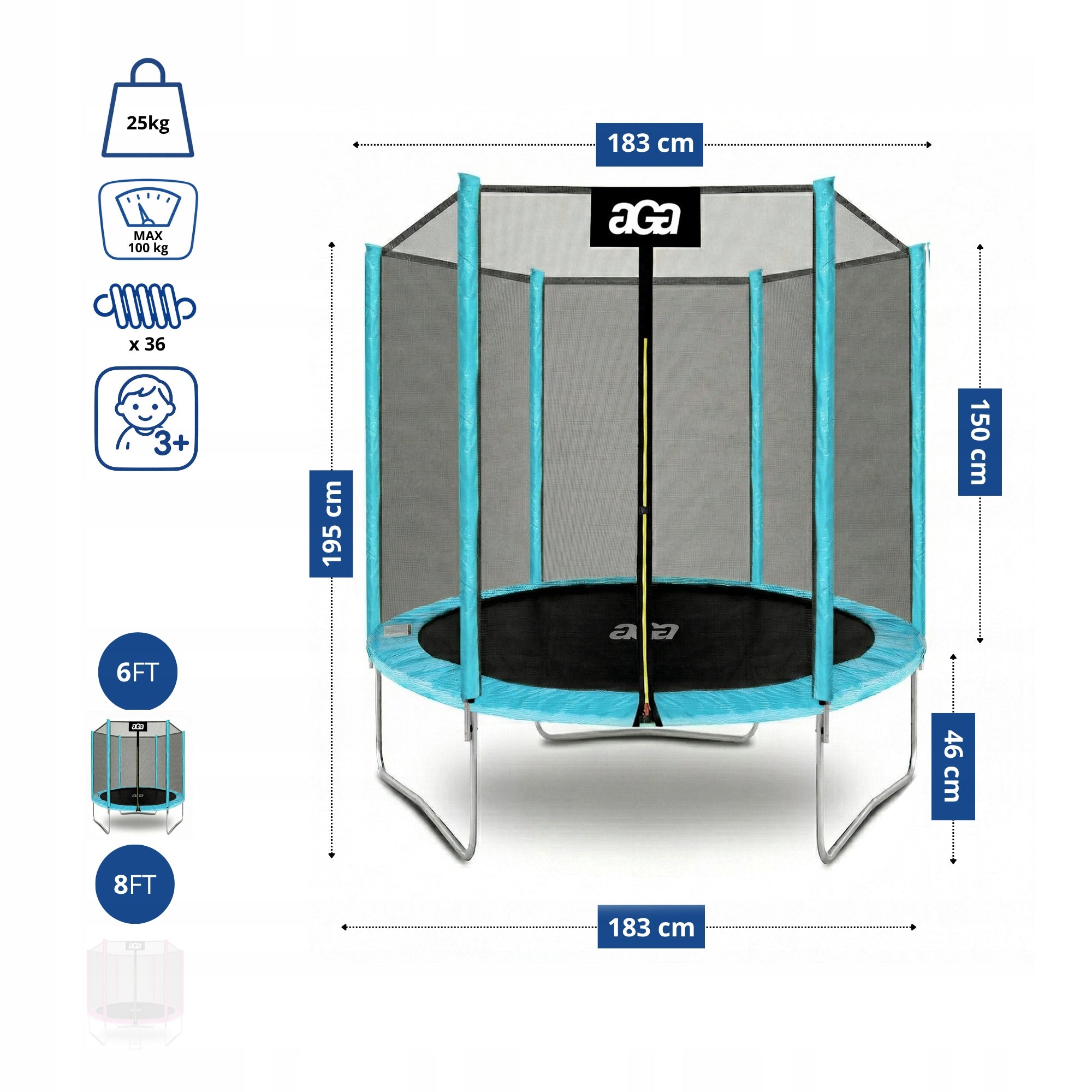 PREMIUM Trampoline SPORT TOP 180 cm 6 ft. Aga Blue LB STRONG Safe Kid's age 8＋ years