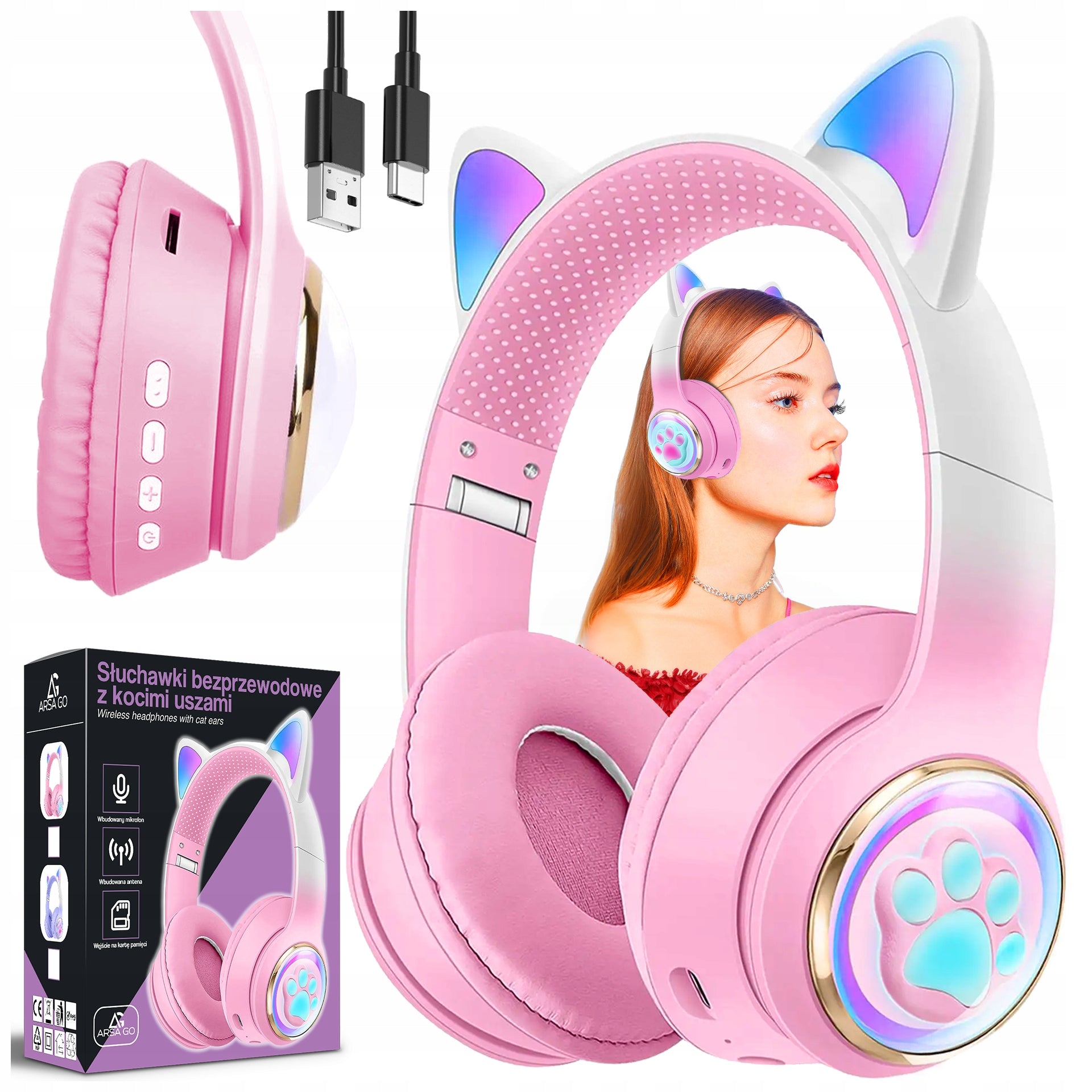PREMIUM WIRELESS ON-EAR HEADPHONES FOR KIDS RGB CAT EARS BT LED