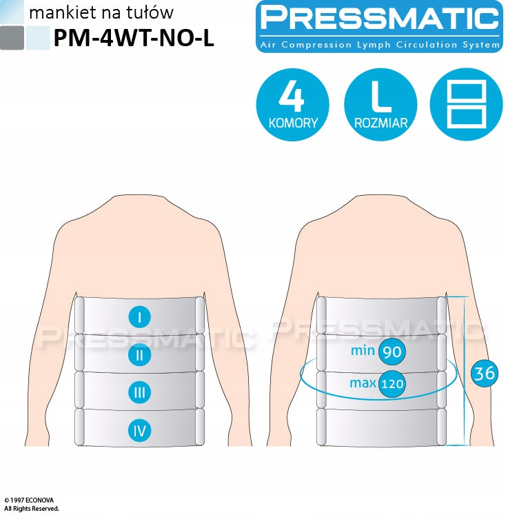 PRESSMATIC Body Cuff 4 Chambers OVERLAPPED - Size L Presotherapy Batteries included no