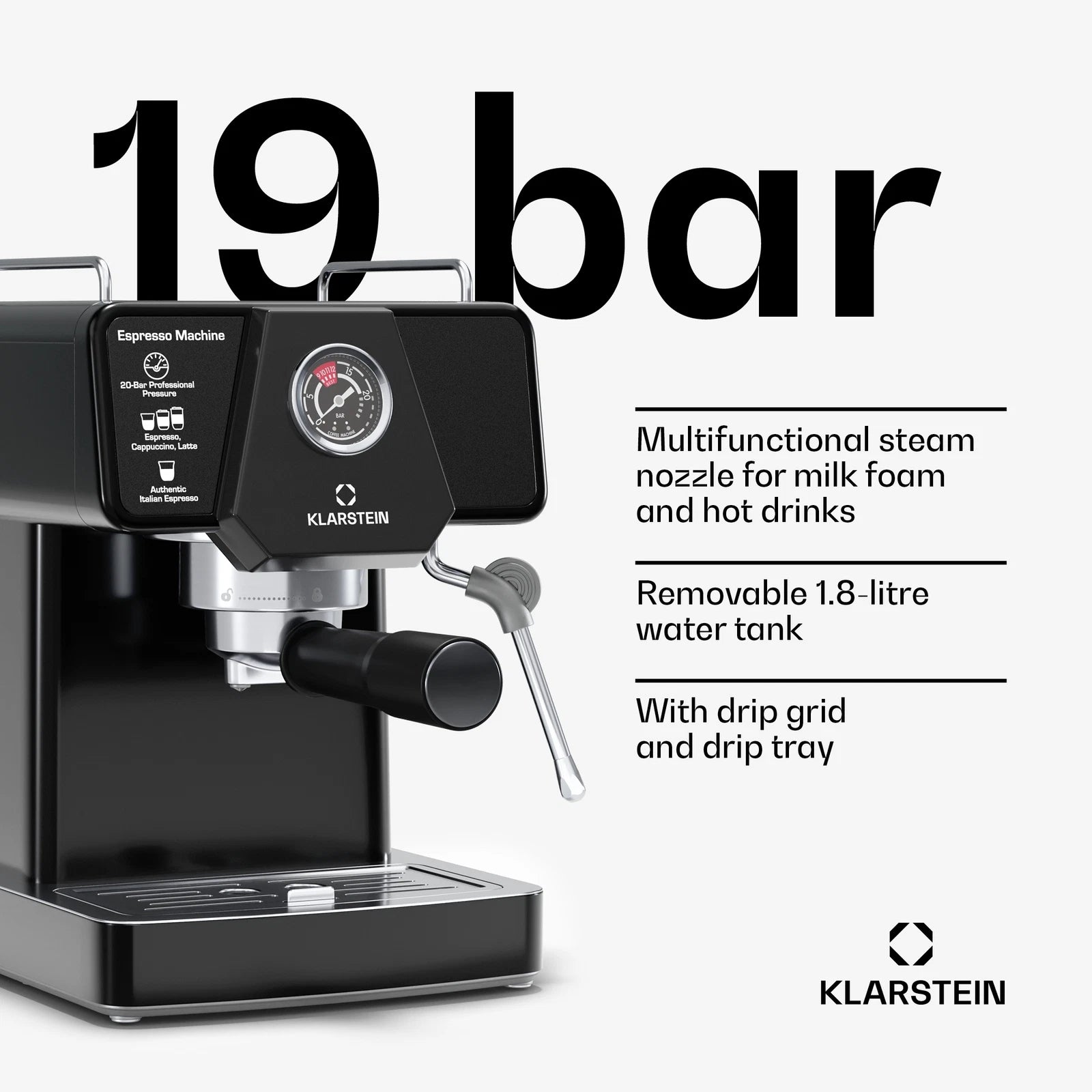 PRESSURE COFFEE MAKER KLARSTEIN 1350W 19 BAR FROTHER Manufacturer code 10046426