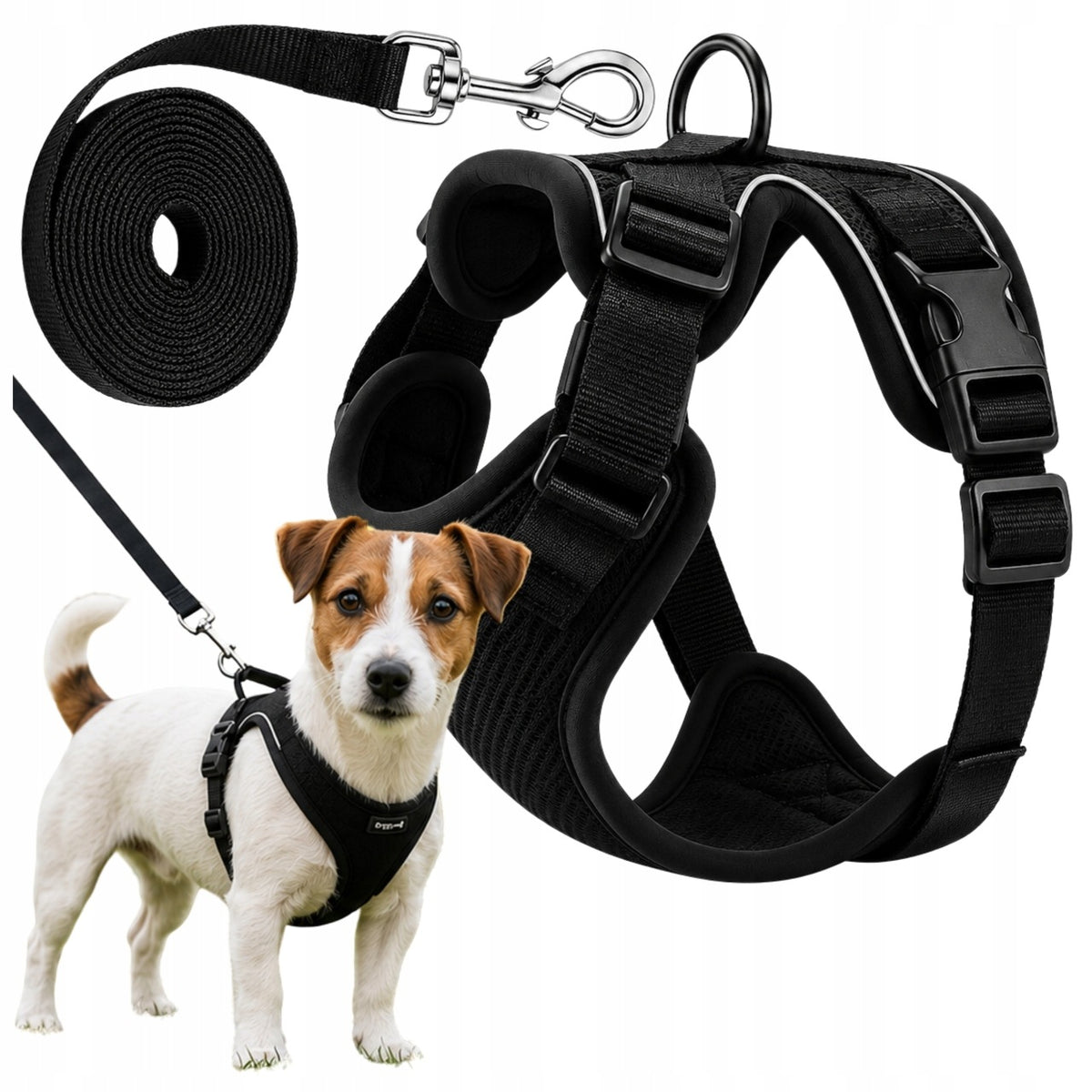 PRESSURE-FREE HARNESS FOR CAT DOG SIZE M LEASH 150 CM REFLECTIVE BLACK Manufacturer code WO-965