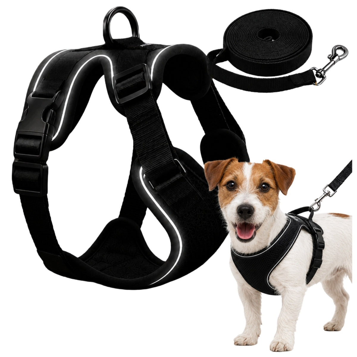 PRESSURE-FREE HARNESS FOR CAT DOG SIZE M LEASH 150 CM REFLECTIVE BLACK