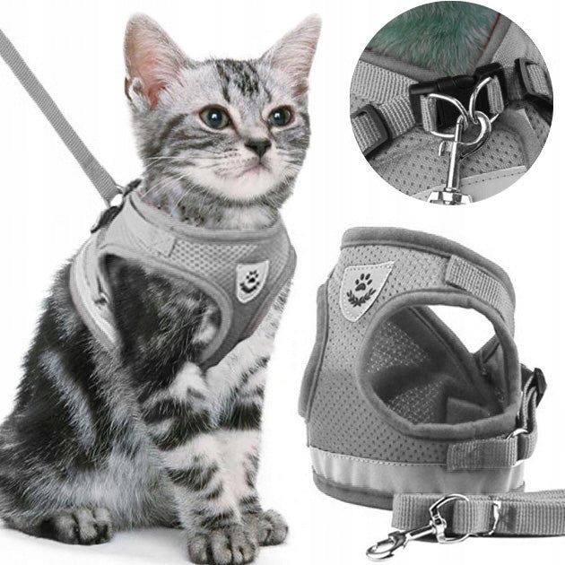 PRESSURE-FREE WALKING HARNESS ADJUSTABLE REFLECTIVE FOR CAT + LEASH SIZE M