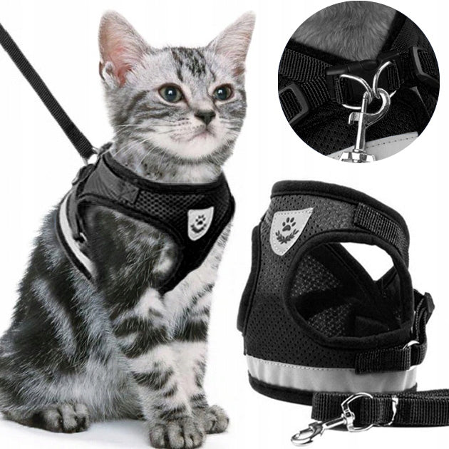 PRESSURE-FREE WALKING HARNESS ADJUSTABLE REFLECTIVE FOR CAT + LEASH SIZE S