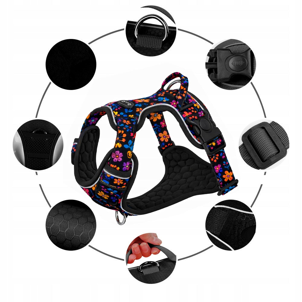 PRESSURE-FREE WALKING HARNESS GUARD FOR DOG STRONG SOFT STRONG FLOWERS r. L Type adjustable