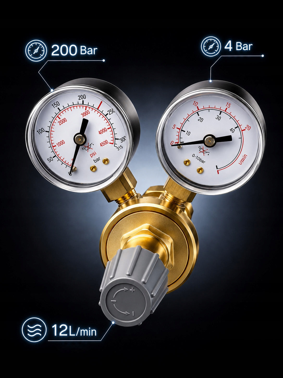 PRESSURE REDUCER 2 VALVES CO2 ARGON 230 BAR PRESSURE 0,5 - 10 FOR CYLINDERS Gas type argon