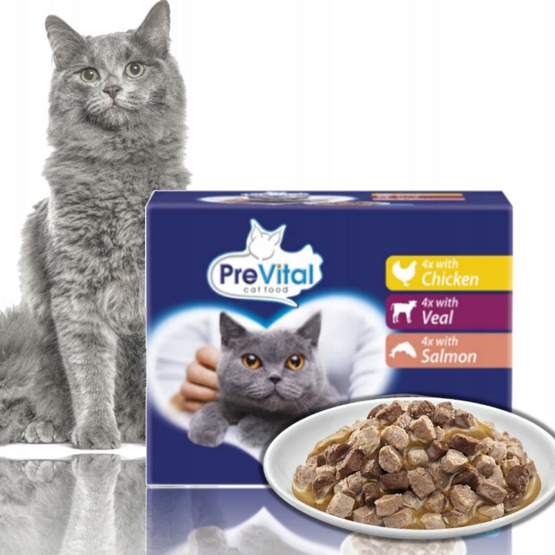 PREVITAL CAT FOOD VITAL BOX MIX VEAL CHICKEN SALMON 24X100G Manufacturer code przysmaki smaczki jedzenie miękka mięsko