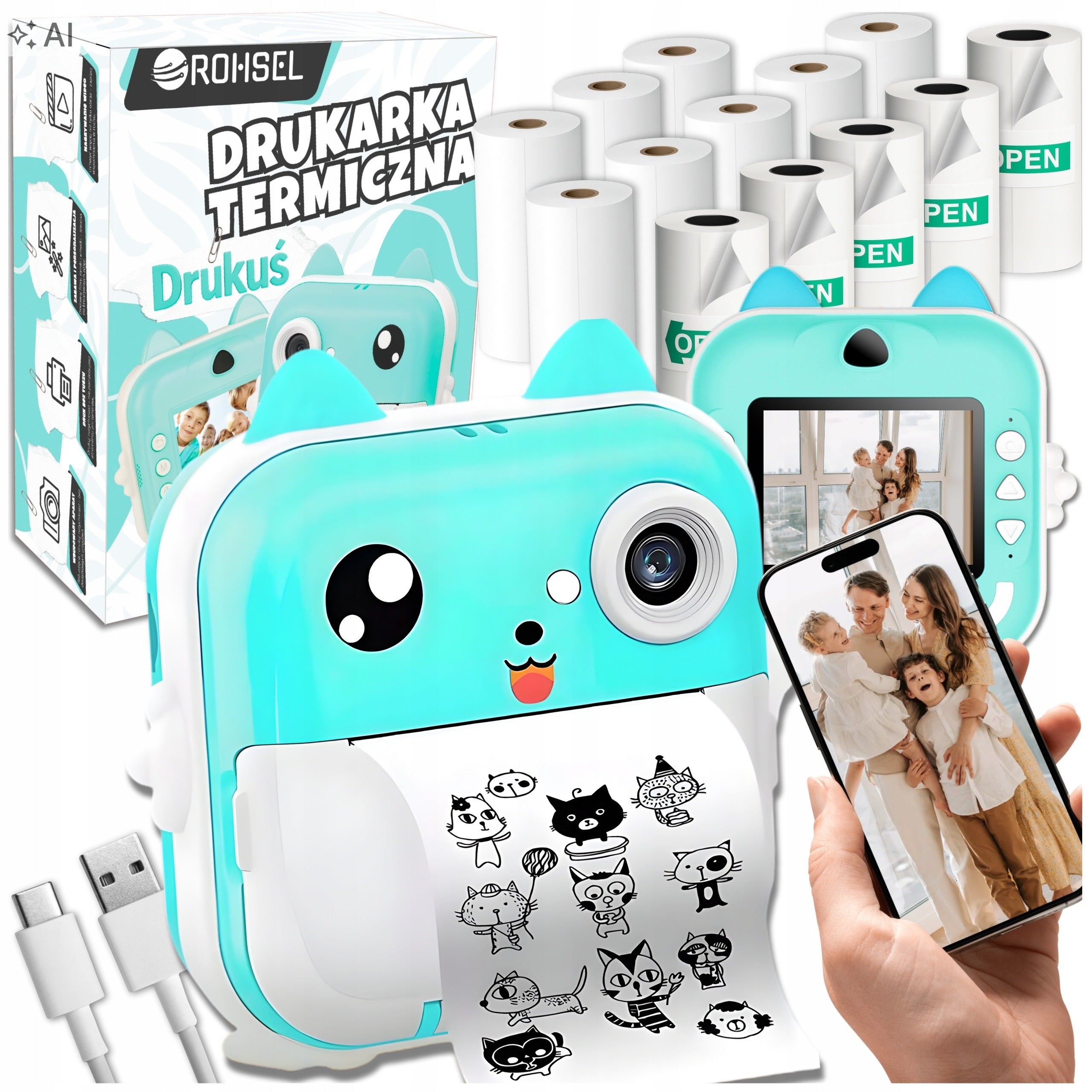 PRINT INSTANT CAMERA FOR CHILDREN MINI THERMAL PRINTER + 13 ROLLS