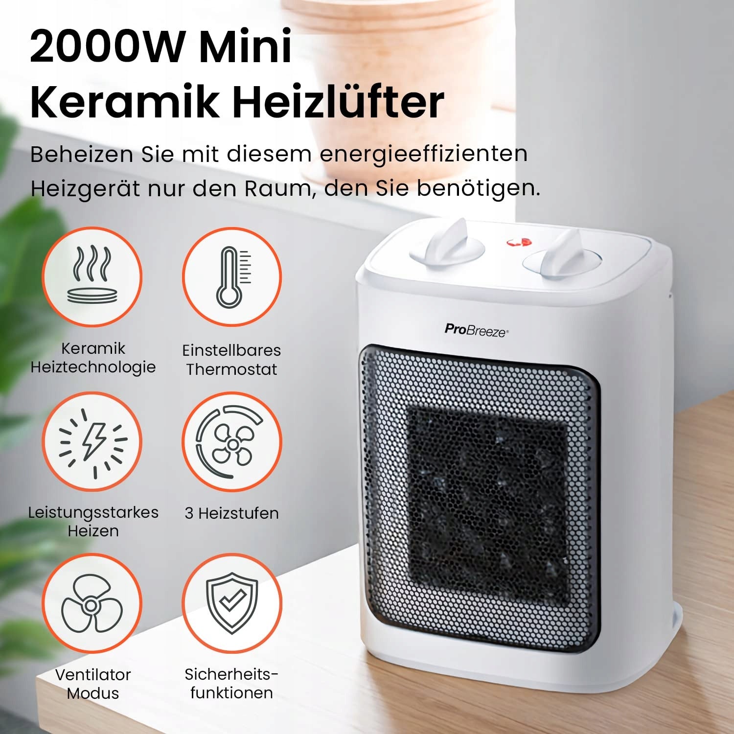 PRO BREEZE 2000W Mini Heater Energy Saving Quiet, 3 Levels, White Brand no brand