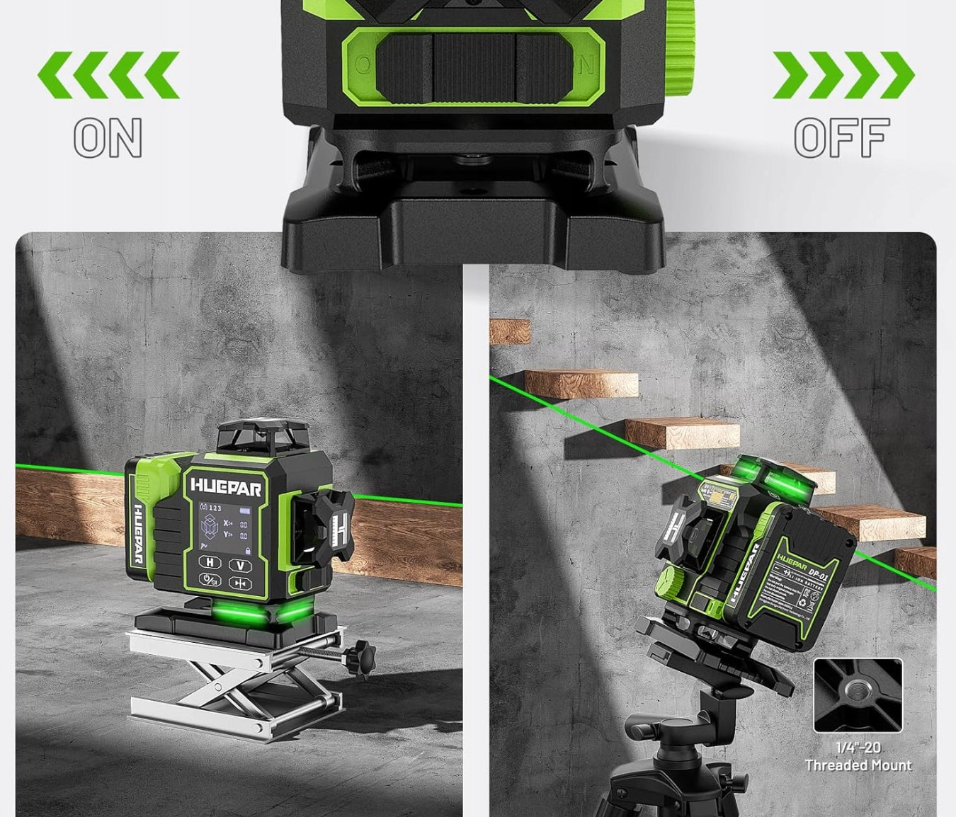 PROFESSIONAL CROSS LASER GREEN Huepar W04CG LEVEL 360° 40 m SUITCASE Batteries included yes