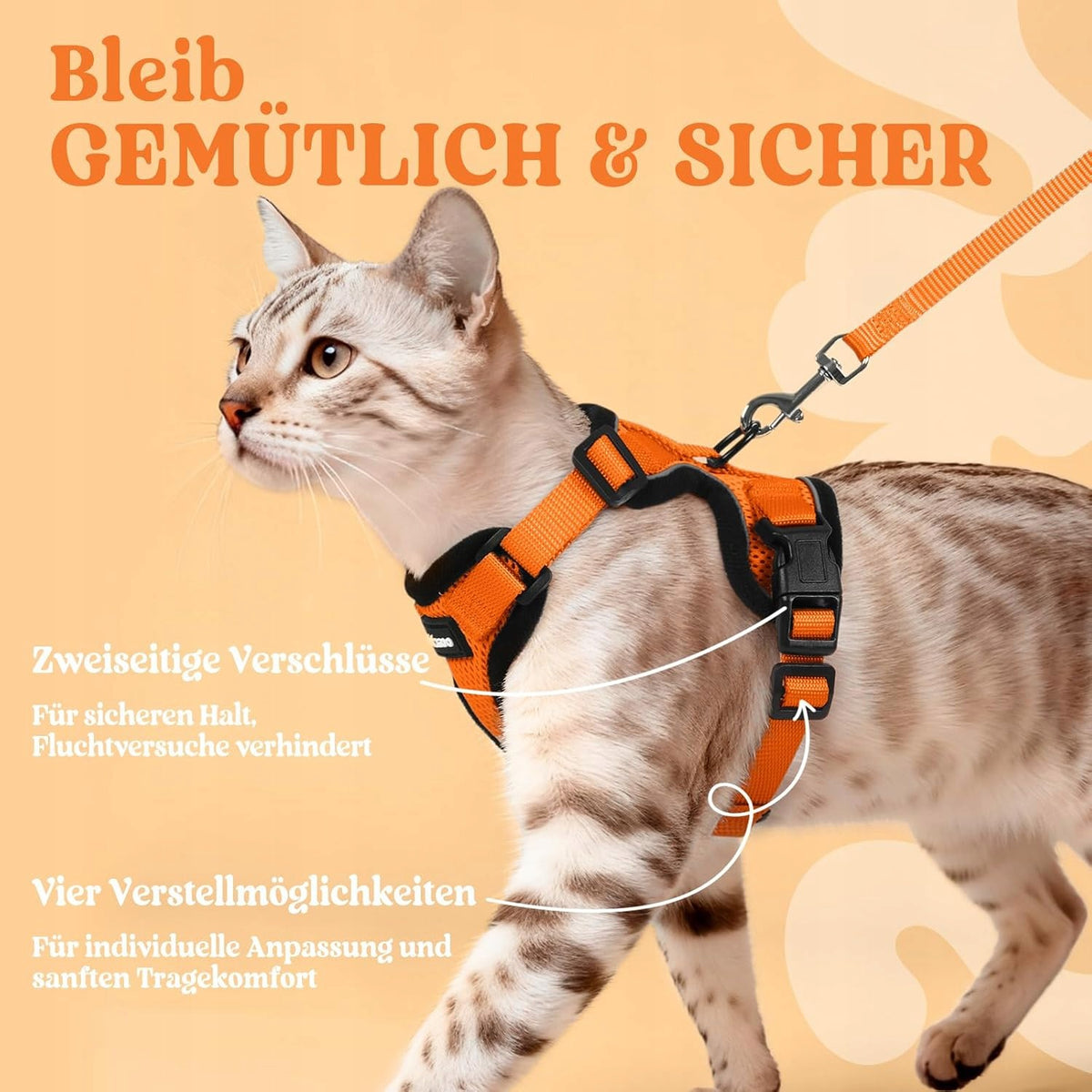 PROFESSIONAL PRESSURE-FREE WALKING HARNESS ADJUSTABLE FOR CAT + LEASH XS Brand Reverse