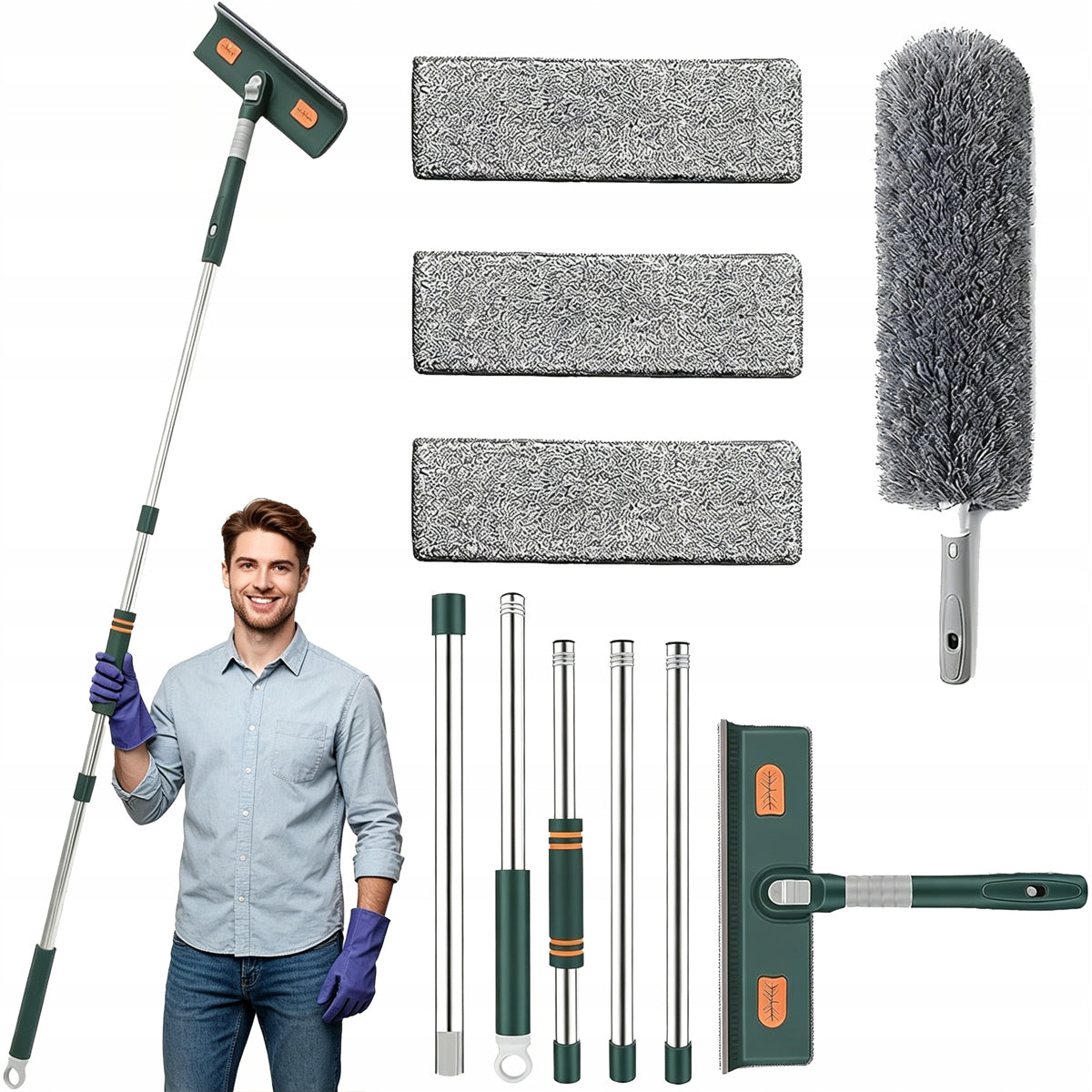 PROFESSIONAL WINDOW CLEANING KIT 3IN1 TELESCOPE MOP SQUEEGEE