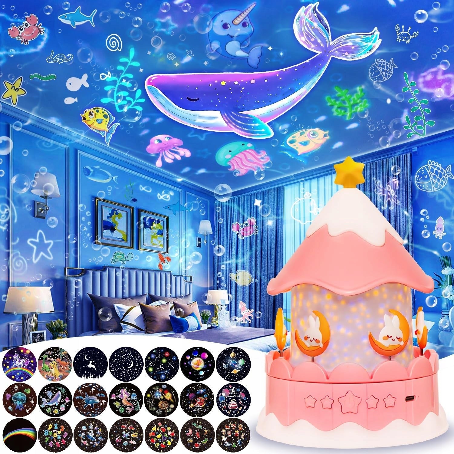 PROJECTOR CAROUSEL NIGHT LIGHT FOR CHILDREN + 21 MOVIES * MUSIC PLAYER Manufacturer code PROJEKTOR KARUZELA ODTWARZACZ MUZYKI RÓZOWY