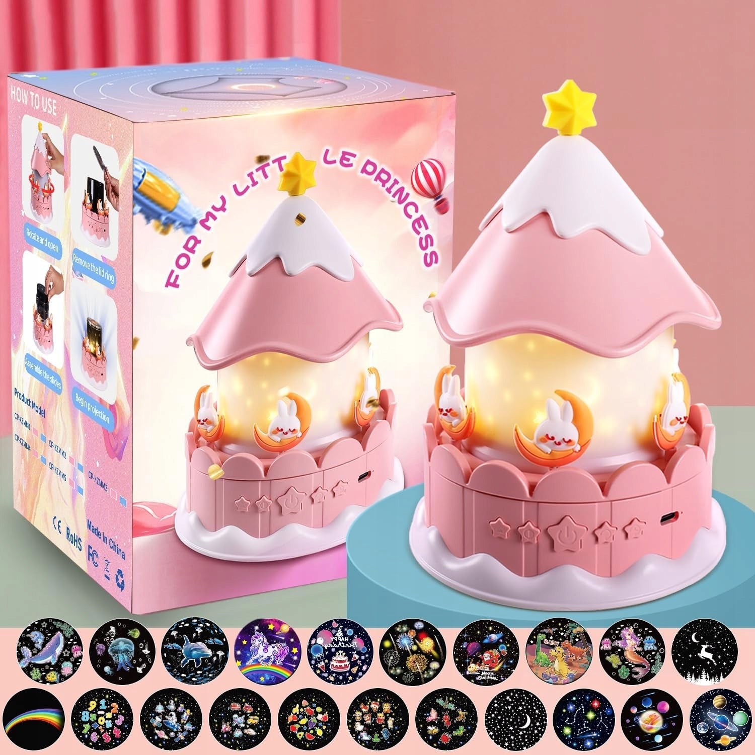 PROJECTOR CAROUSEL NIGHT LIGHT FOR CHILDREN + 21 MOVIES * MUSIC PLAYER Packaging status original