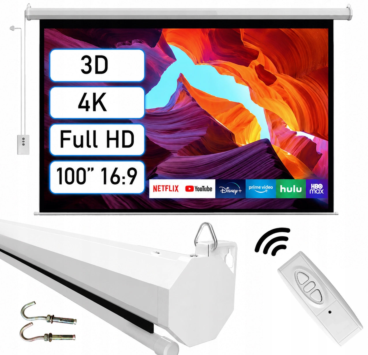PROJECTOR WALL PROJECTION SCREEN ELECTRIC AUTOMATIC REMOTE CONTROL 100 INCH