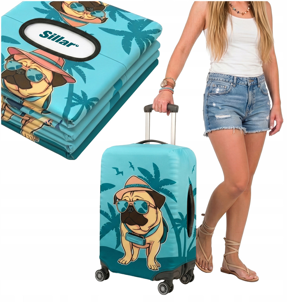 PROTECTIVE COVER FOR LUGGAGE WITH PUG DOG MOTIF SILLAR L 73 X 50 X 30 CM Color blue