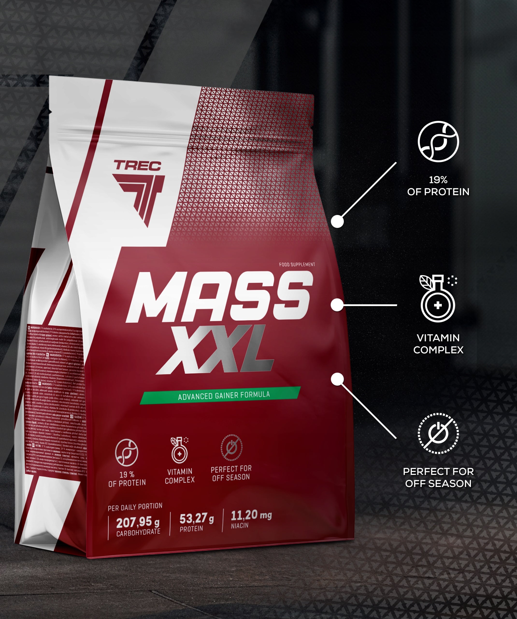 PROTEIN GAINER Trec Mass XXL 3000g Mega Mutant Mass CARBOHYDRATES LARGE 3kg Manufacturer code gainer na masę zbudowanie sylwetki