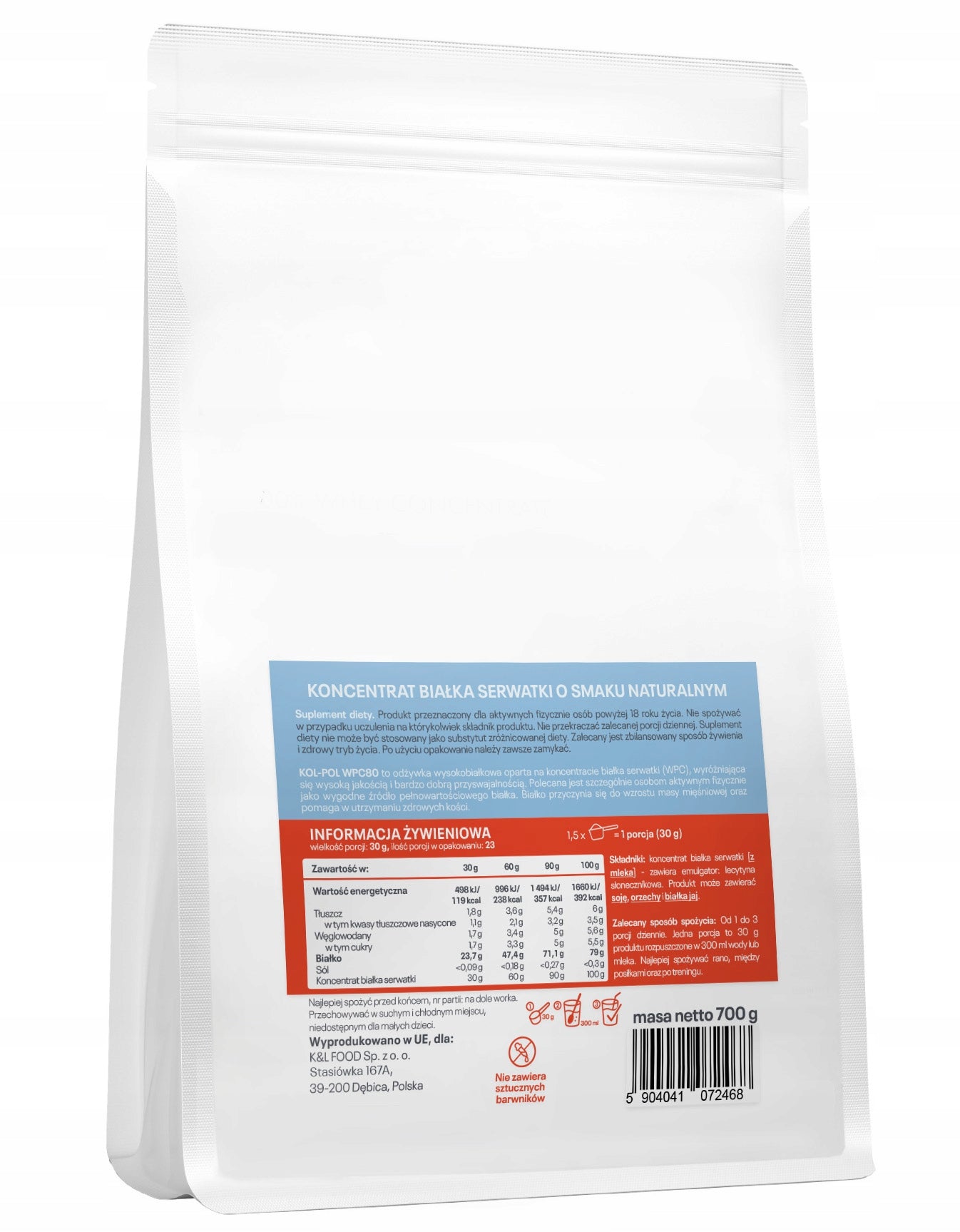 PROTEIN WPC 80 NATURAL 700g Protein supplement 100% concentrate Kol-Pol EAN (GTIN) 5904041072468