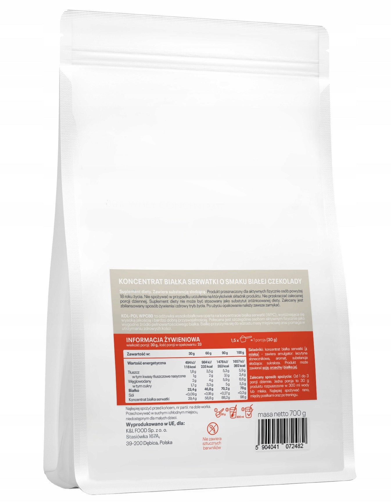 PROTEIN WPC 80 WHITE CHOCOLATE 700g Protein supplement quality Kol-Pol EAN (GTIN) 5904041072482