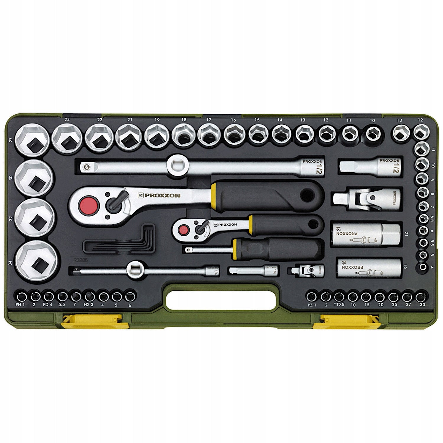 PROXXON Socket wrench set with 1/2 and 1/4 inch ratchets 65 pcs 23286 Brand Proxxon