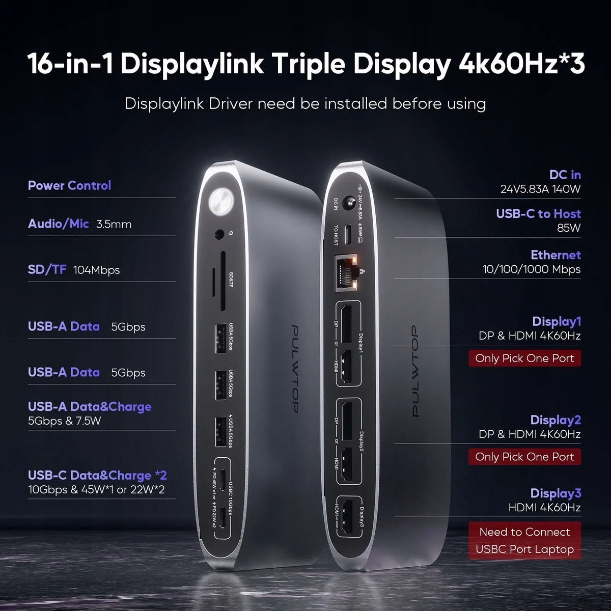 PULWTOP DisplayLink Docking Station Triple Monitor with 140W Power Supply Manufacturer code 0000991136290