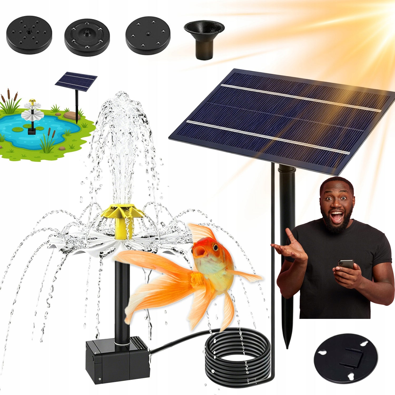 PUMP SOLAR FOUNTAIN WITH 9 NOZZLES DIFFERENT SPRAY MODES FOR ALL NEEDS