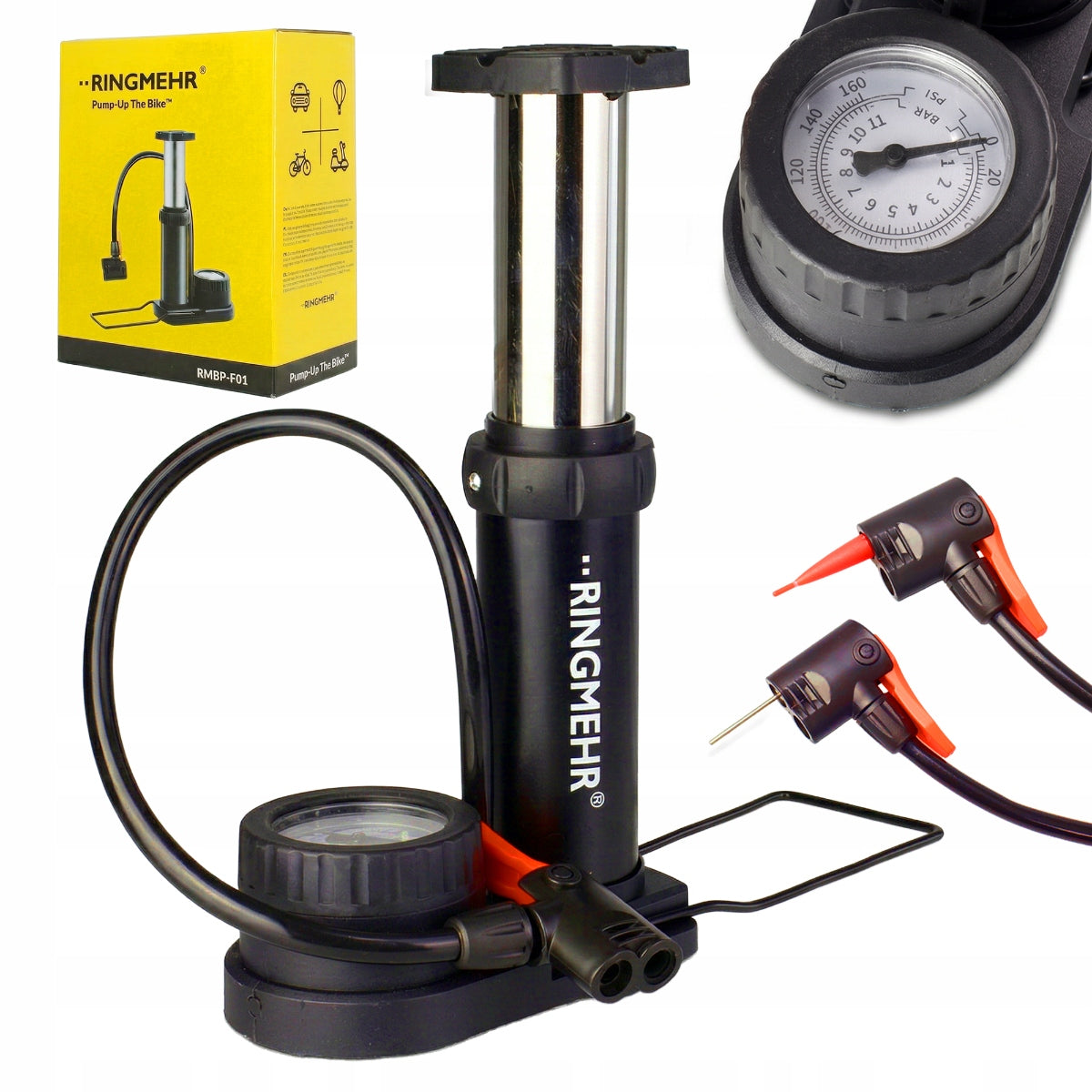 PUMP WITH FOOT BIKE PRESSURE GAUGE WITH HOSE AV DV SV CAR BALLS