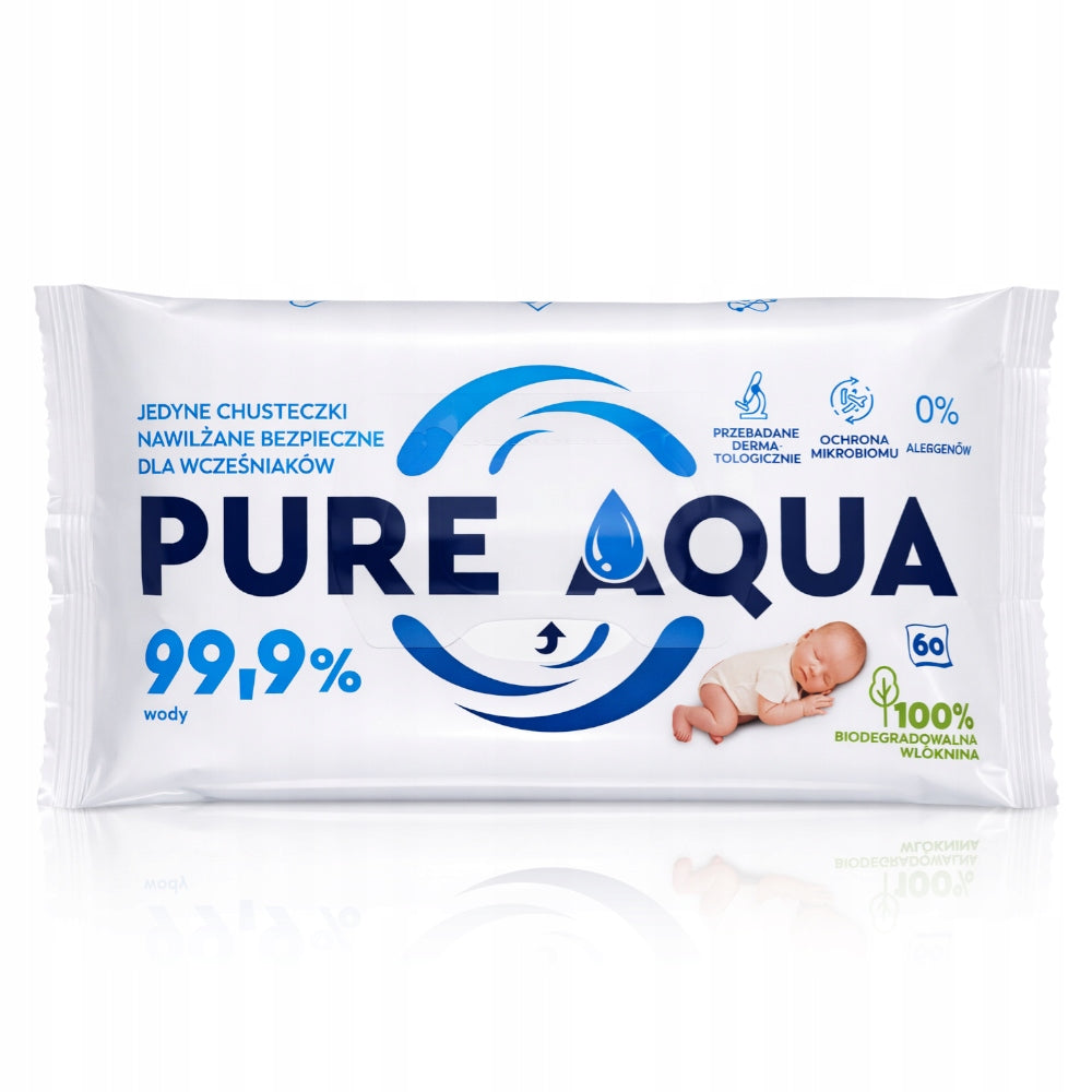 PURE AQUA Moisturized Wipes for Premature Babies 99,9% Water 10x60pcs Packaging status original