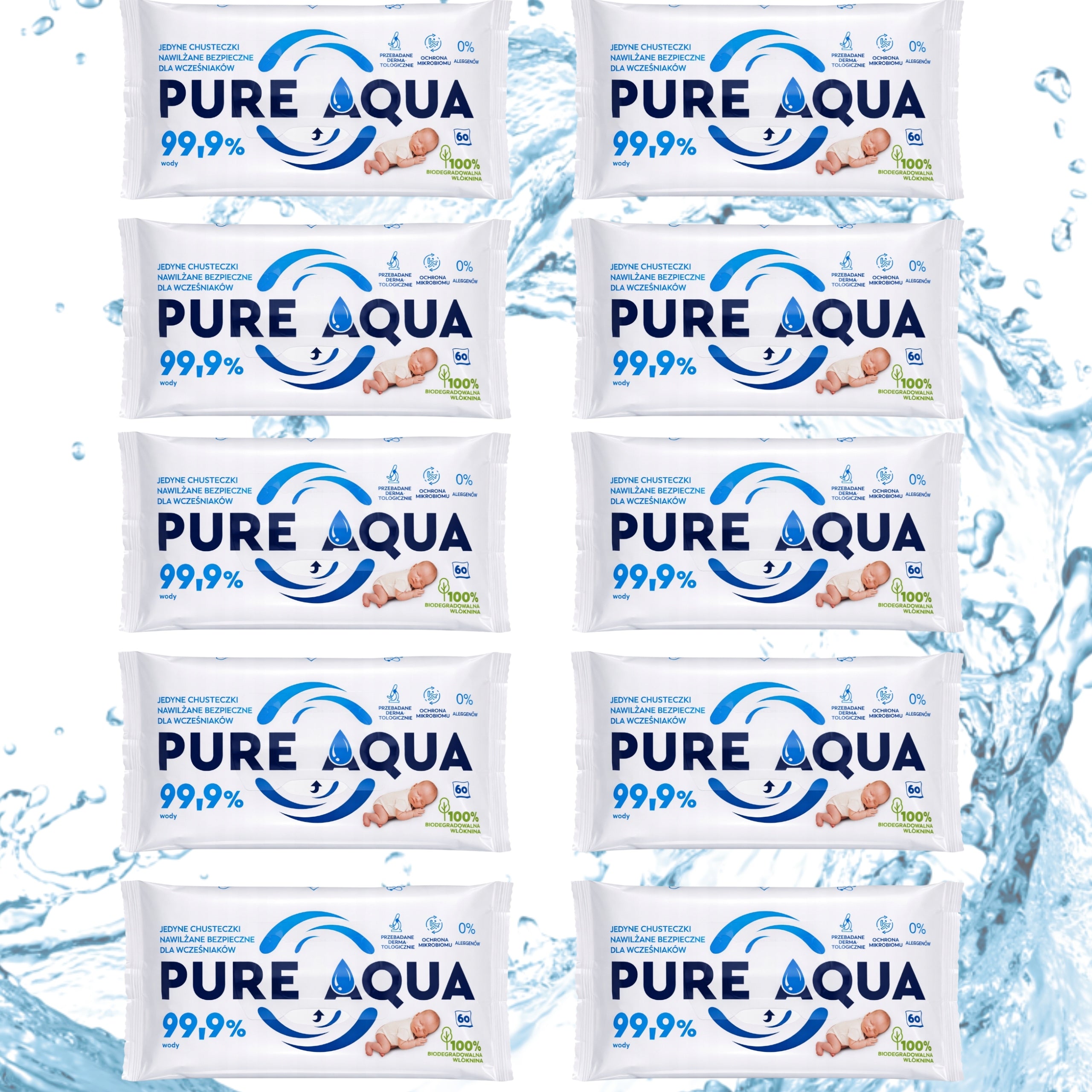 PURE AQUA Moisturized Wipes for Premature Babies 99,9% Water 10x60pcs