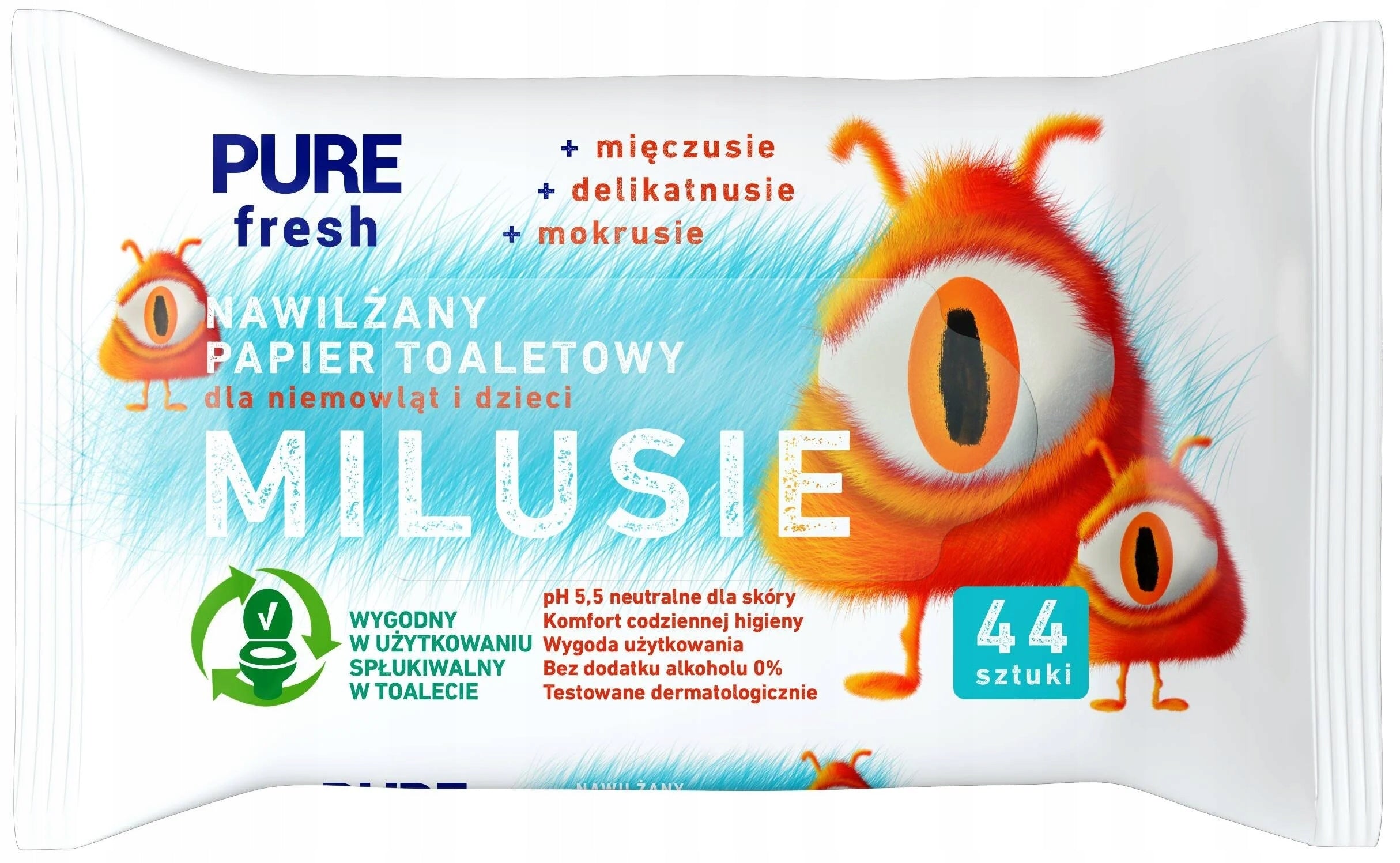 PURE FRESH MILUSIE moistened toilet paper 44pcs. for children and babies Line of tissues Milusie