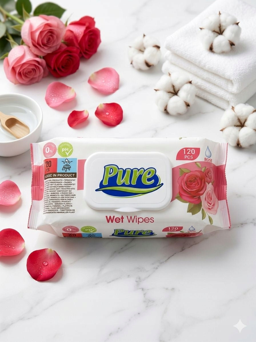 PURE ROSE WET WIPES 120pcs - Moisturizing wipes Packaging status original