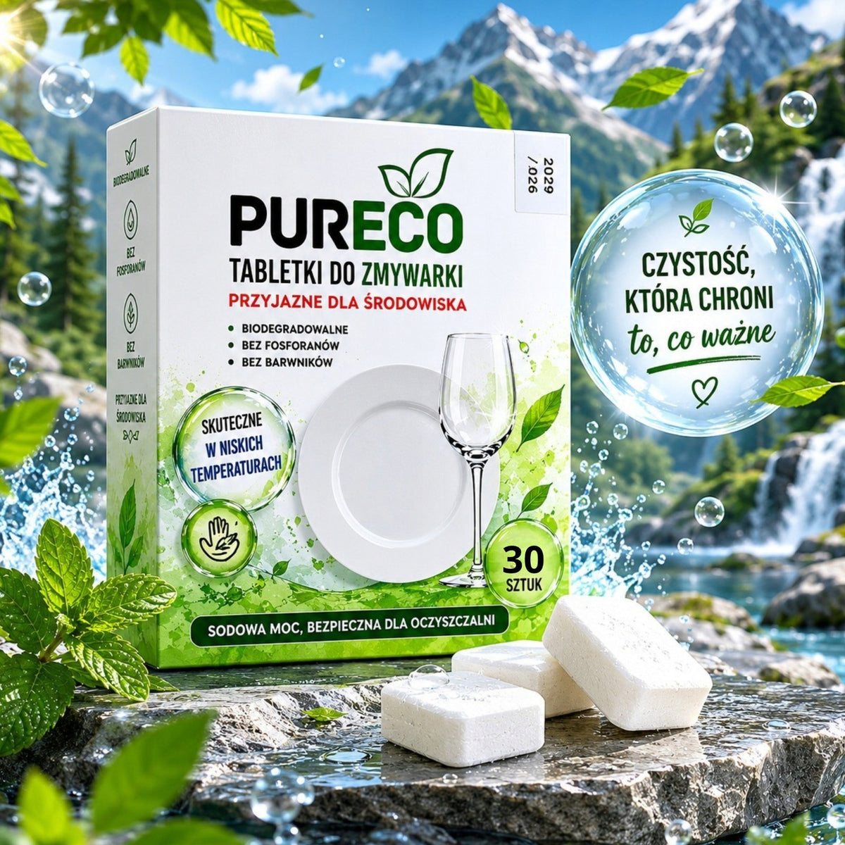 PURECO Dishwasher Tablets 30 Pcs Phosphate Free Sodium Packaging status original