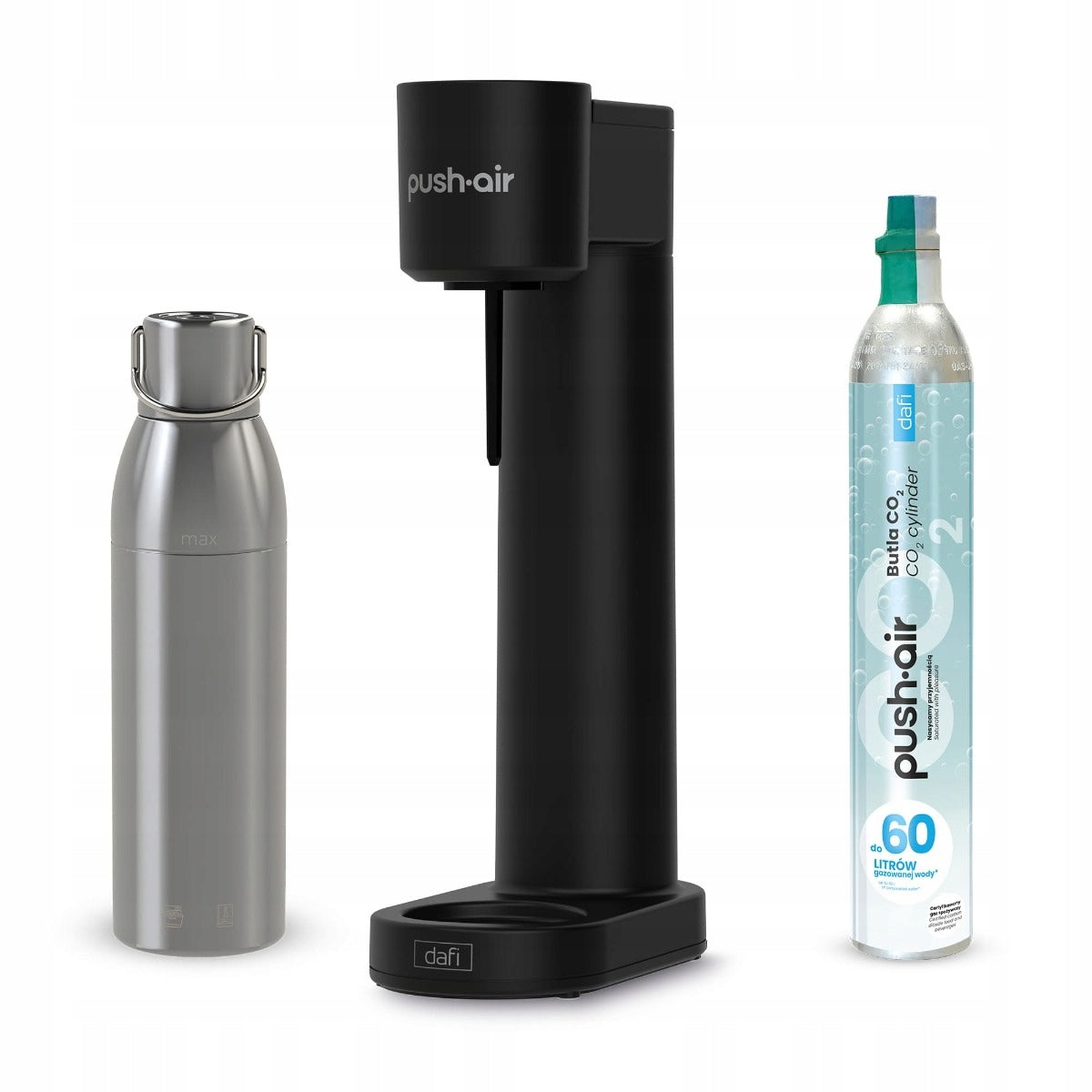 PUSHAIR Water Saturator Dafi Black + CO2 Cartridge + Steel Bottle 0,75
