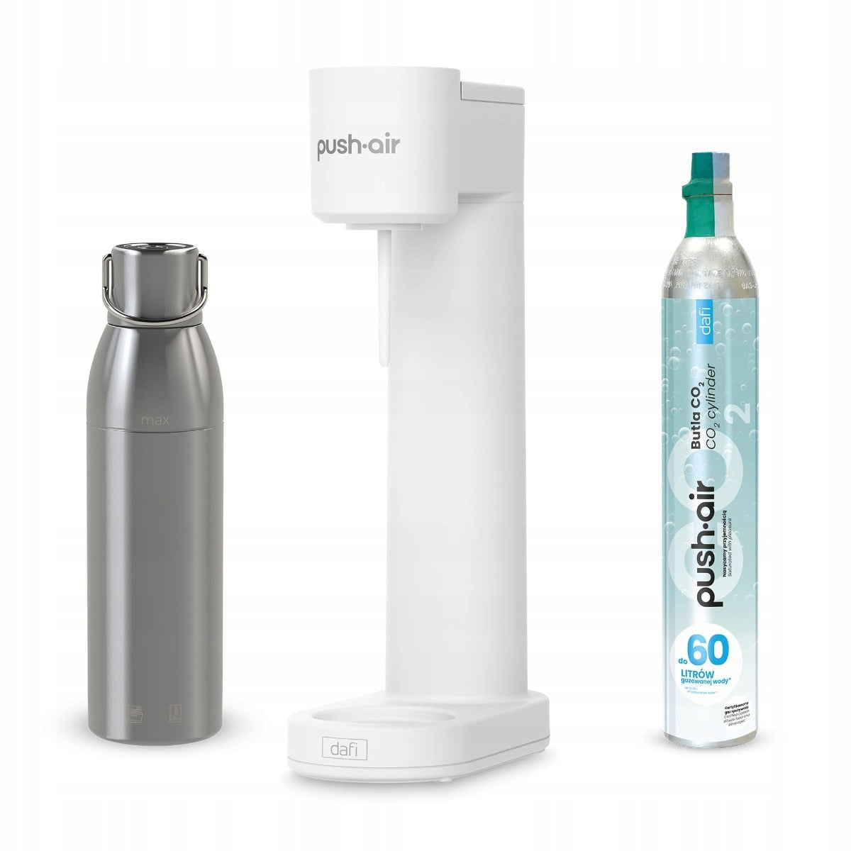 PUSHAIR Water Saturator Dafi White + CO2 Cartridge + Steel Bottle 0,75