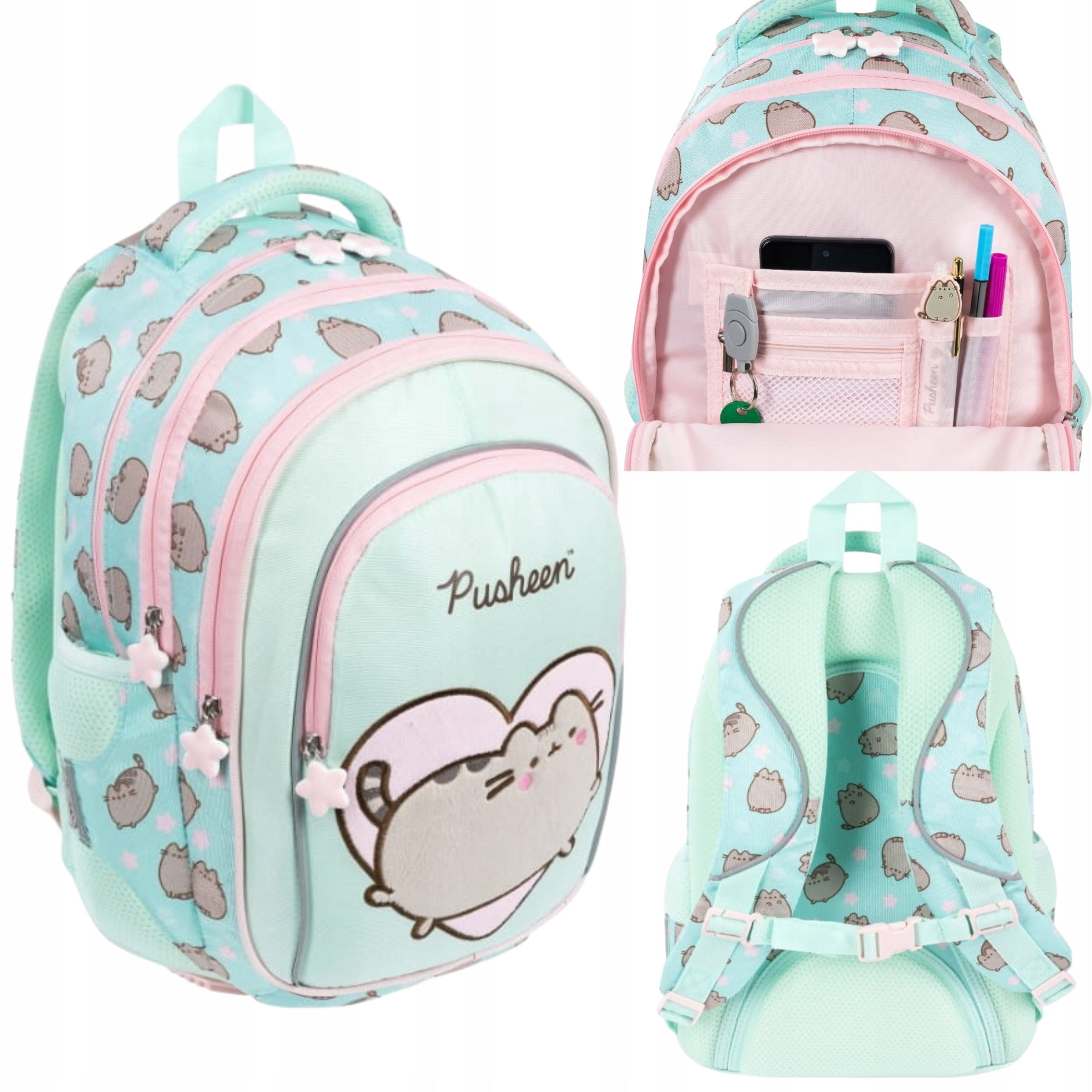 PUSHEEN BACKPACK FOR ELEMENTARY SCHOOL BACKPACK FOR GIRLS MINT 4 COMPARTMENT