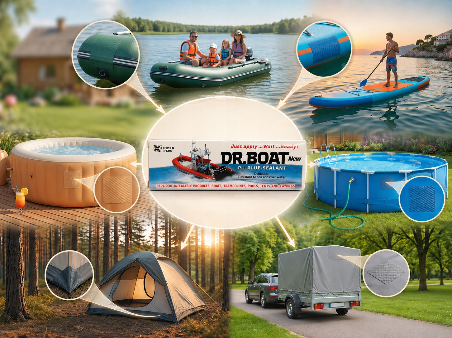 PVC Adhesive Repair Kit Liquid Years +6 Patches+SUP PONTOON Board Mesh Brand Dr. Boat