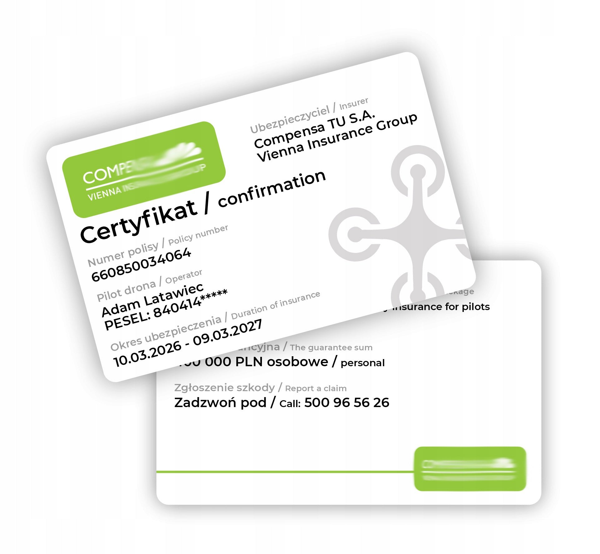 PVC card - drone operator insurance